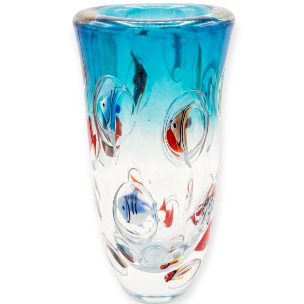 Vaso Scultura Cilindrico in Vetro di Murano "Acquario & Bolle D'Acqua" H-42 cm