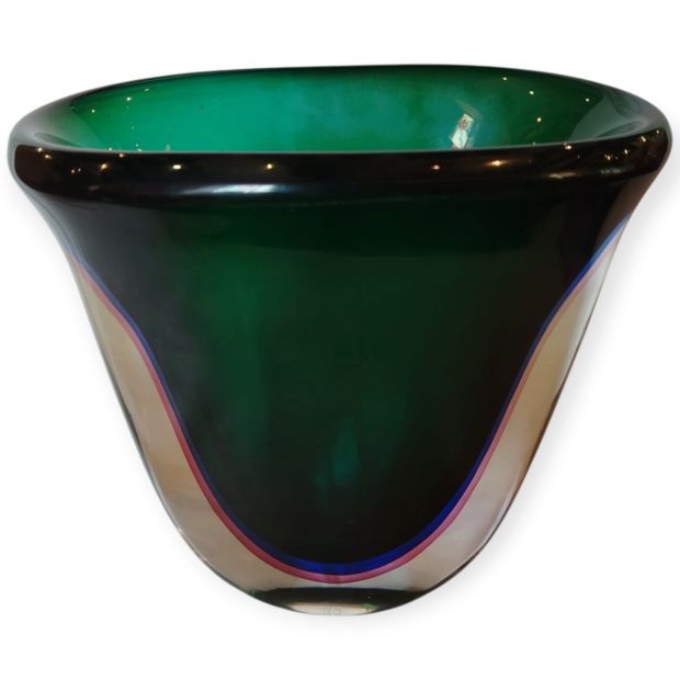 Vaso Sommerso Verde Smeraldo con Profilo Magenta e Blu H-29cm in Cristallo Massiccio – Fatto a Mano a Murano